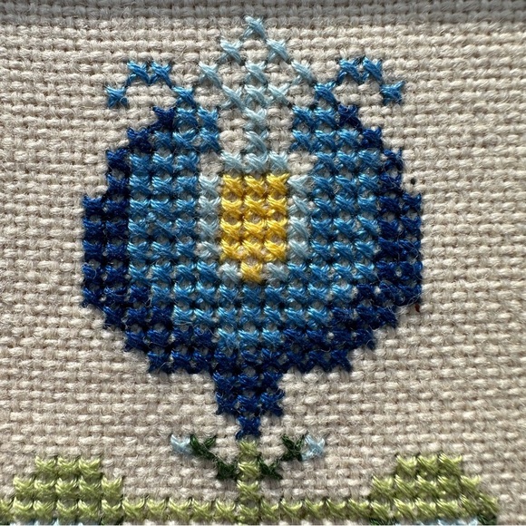 Cross Stitch Embroidery Blue Yellow Green Flower Framed 4.5” X 5.5” Vintage 1979 - Picture 3 of 5